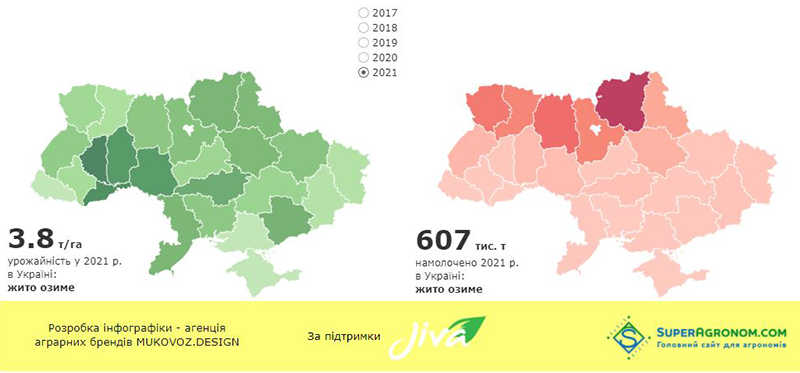 Урожайність та обсяги збирання озимого жита в Україні у 2021 р.