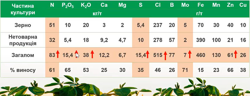Потреба сої в елементах мінерального живлення для формування 1 т зерна (дані UKRAVIT SCIENCE PARK)