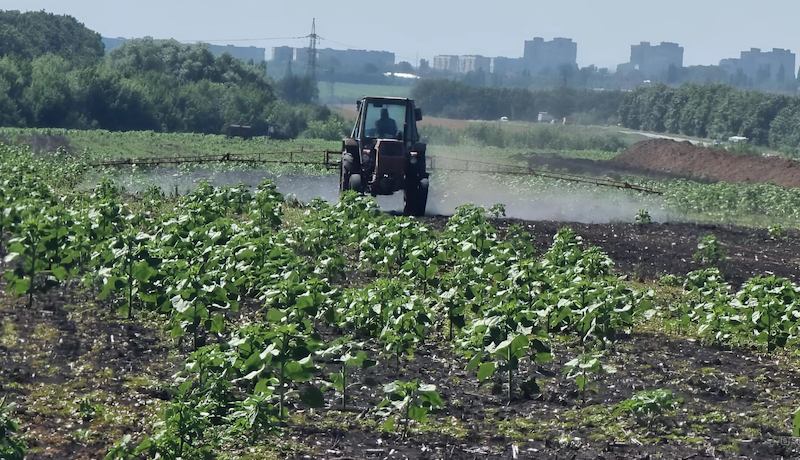 Внесення гербіцидів на щойно розмінованому дослідному полі